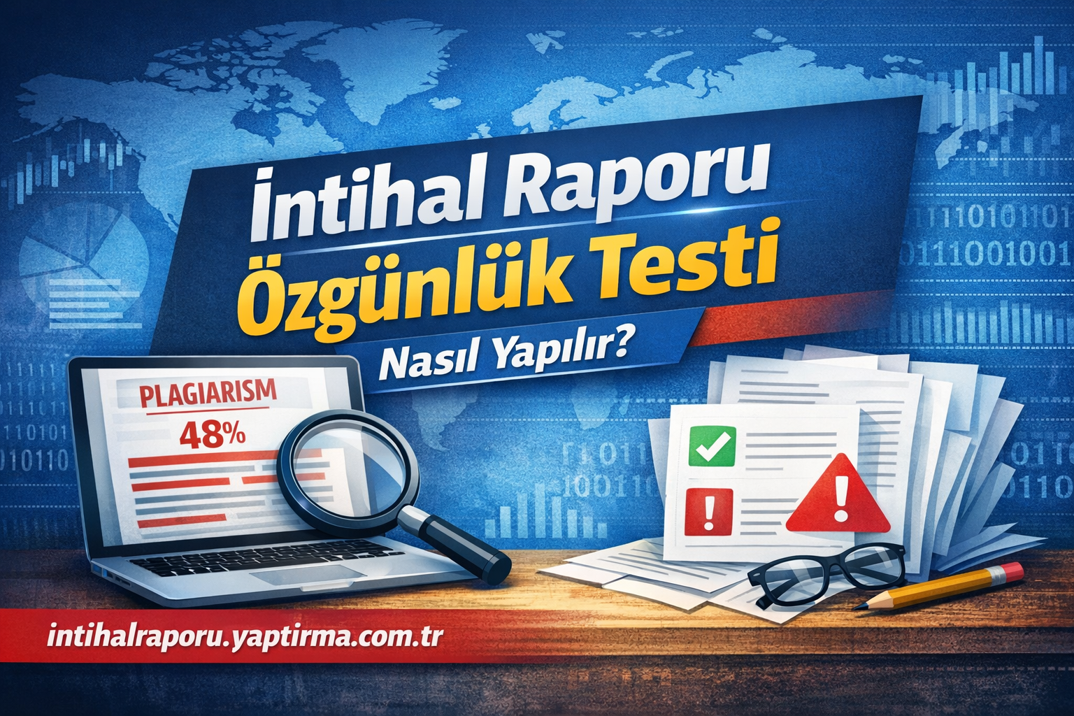 Turkish banner about plagiarism report test with laptop, magnifying glass, and stacked papers on a wooden desk.