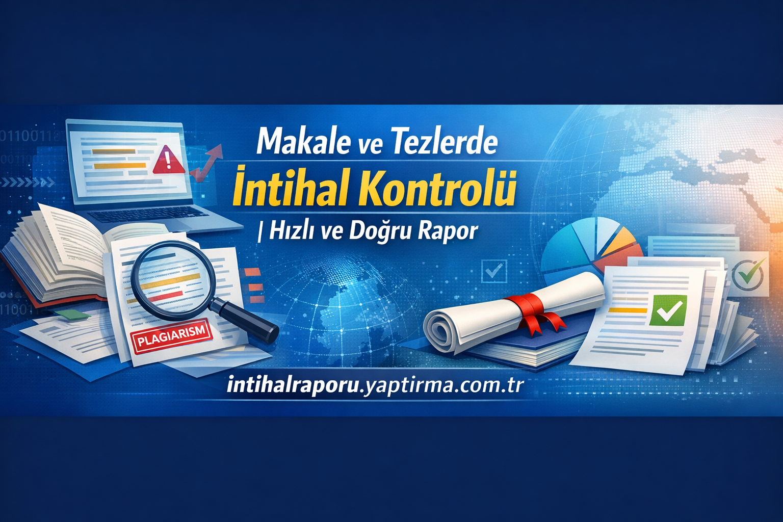 Turkish banner promoting plagiarism check service with papers, a magnifying glass, and a globe; text 'İntihal Kontrolü'.