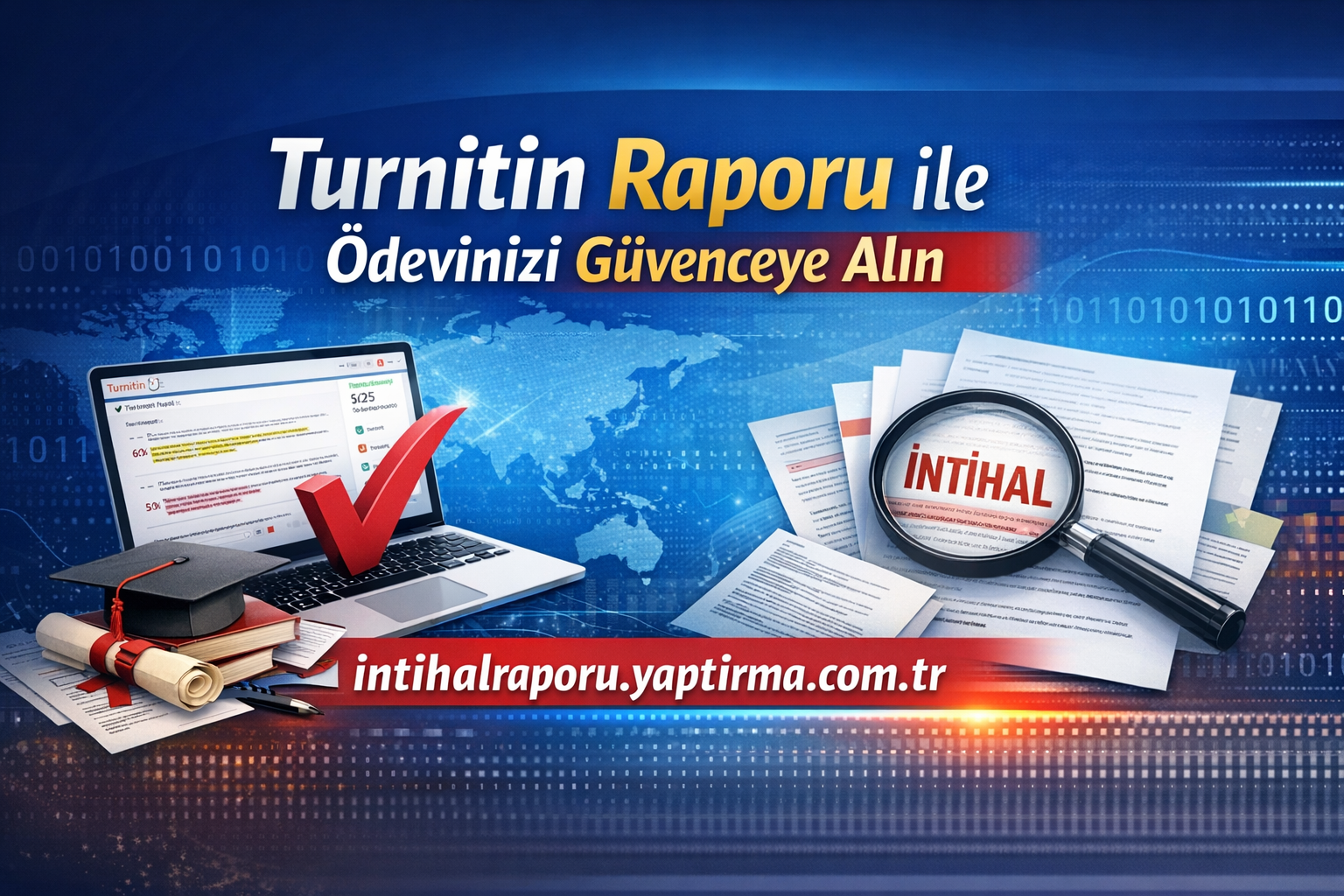 Turkish promotional banner urging Turnitin report to secure your homework, featuring a laptop with a checkmark and piles of papers with a magnifying glass, and the site intihalraporu.yaptirma.com.tr