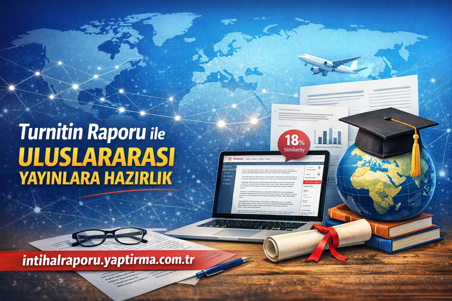 Blue promotional banner for Turnitin Report in Turkish, featuring a world map background, laptop screen, globe with graduation cap, diploma, and stacked books.