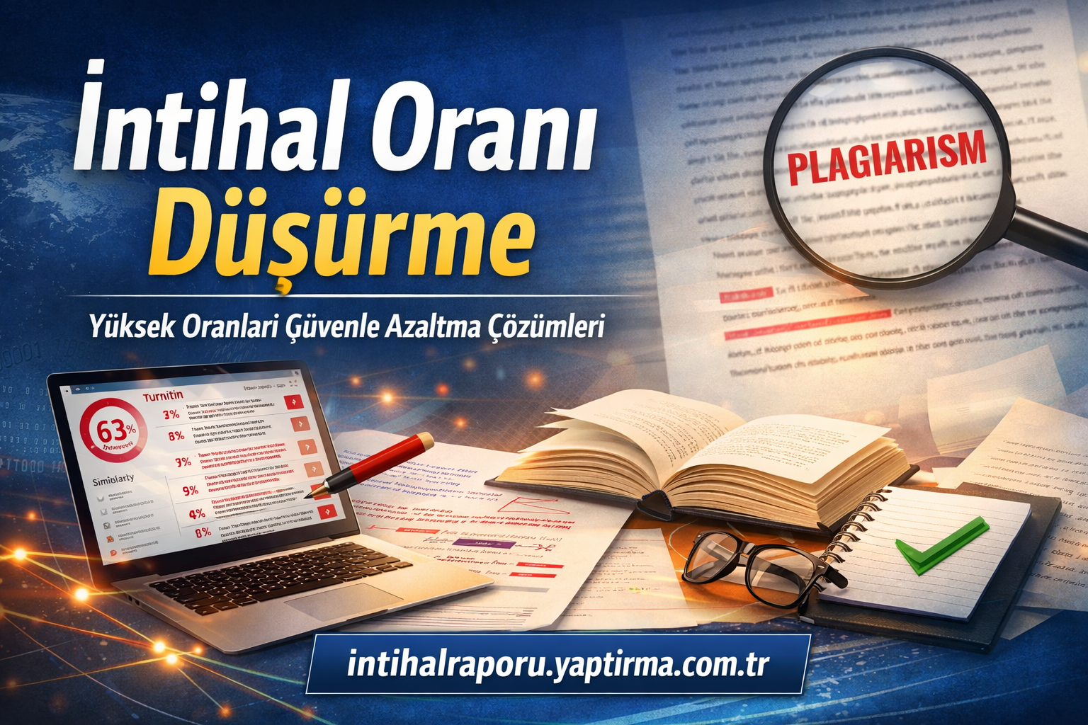 İntihal Oranı Düşürme başlıklı eğitim görseli: laptop, açık kitaplar ve notlar arasında plagiara karşı çözümler vurgulanıyor.