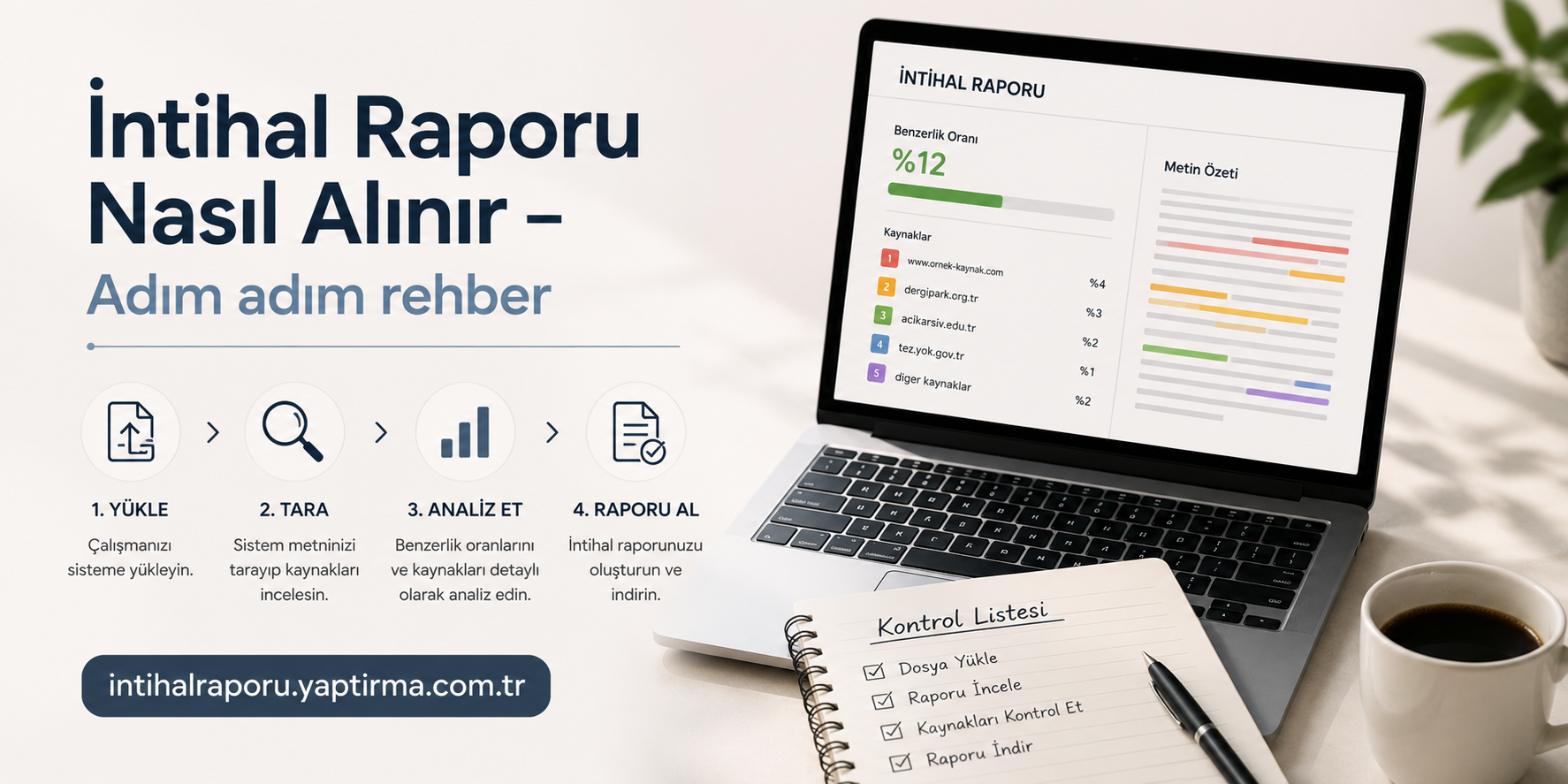 İntihal Raporu Nasıl Alınır – Adım adım rehber adlı dört adımlı infografik; 1. Yükle 2. Tara 3. Analiz Et 4. Raporu Al yazılı ikonlarla anlatılır.