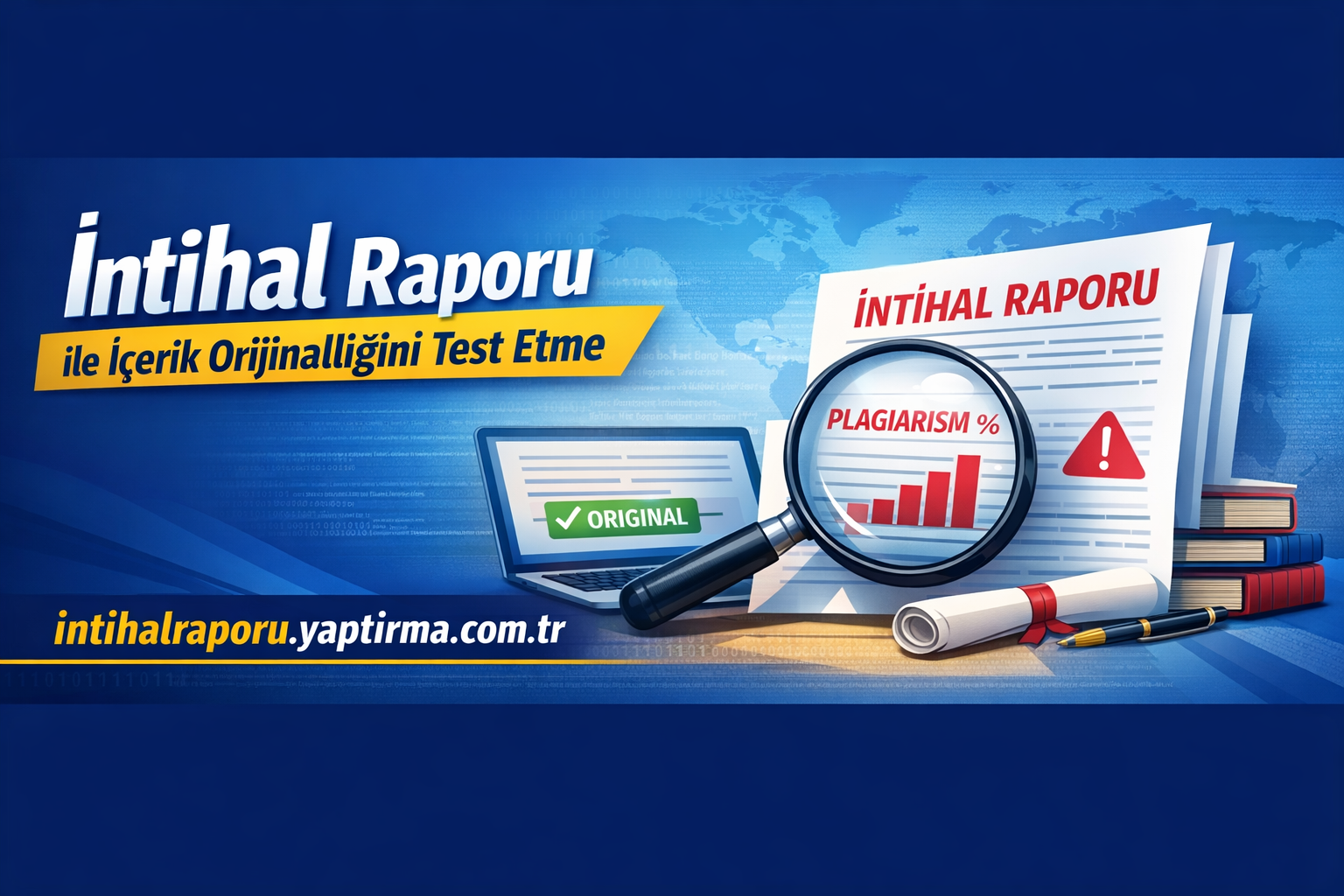 Turkish banner about testing content originality with a magnifying glass over a report labeled Plagiarism and a laptop showing Original check, on a blue background.
