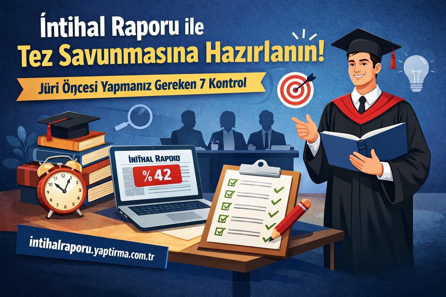 Turkish banner encouraging thesis defense prep with a plagiarism report; features a graduate, checklist, laptop, and books on a desk.