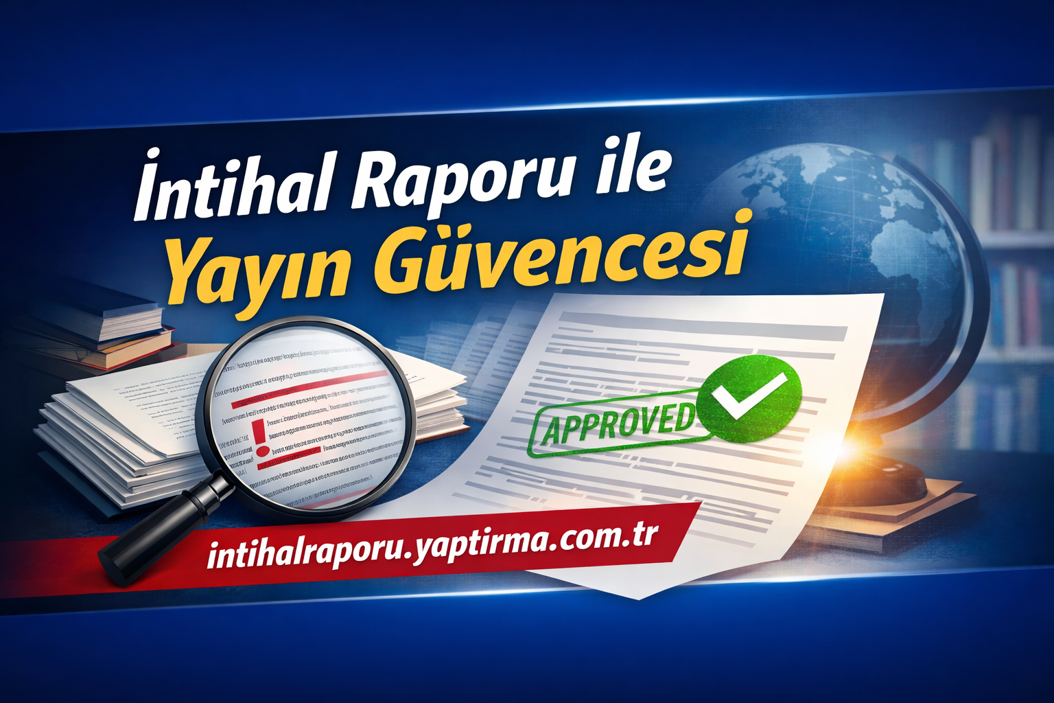 Promotional banner about plagiarism report and publication security, with a magnifying glass over documents and an 'APPROVED' stamp.