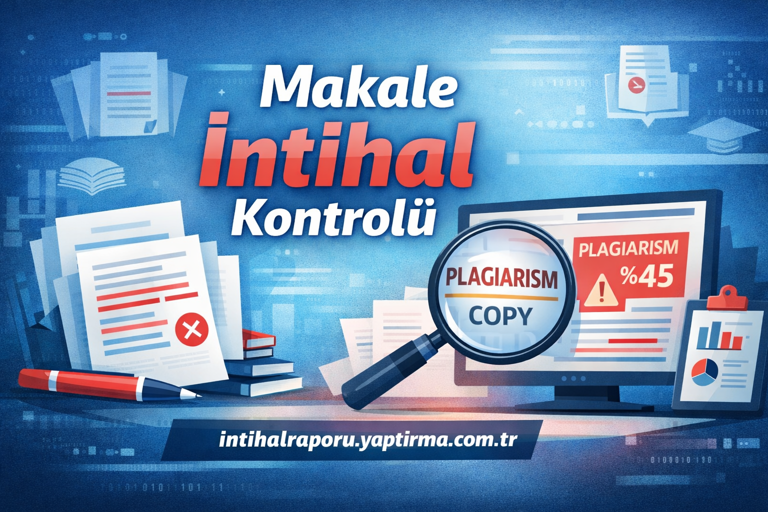 Turkish poster promoting article plagiarism check, with a magnifying glass over a computer screen and stacks of documents on a blue background.