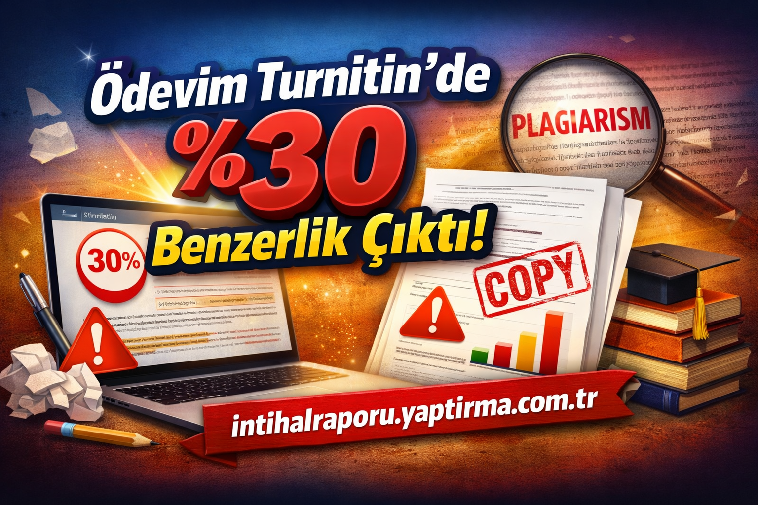 Turkish banner showing Turnitin plagiarism warning: 30% similarity detected, 'Benzerlik çıktı!' with copy stamp and 'PLAGIARISM' magnifying glass.
