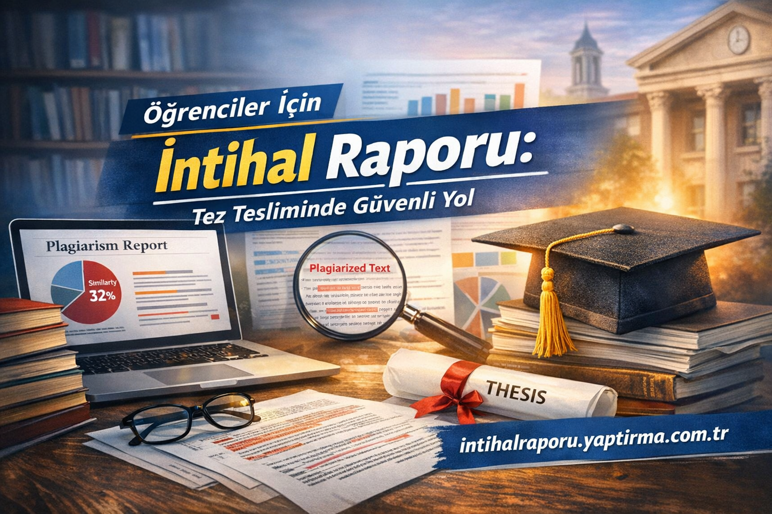 Poster-style graphic promoting a plagiarism report for students, with a graduation cap, thesis, laptop showing charts, and a magnifying glass on a desk.