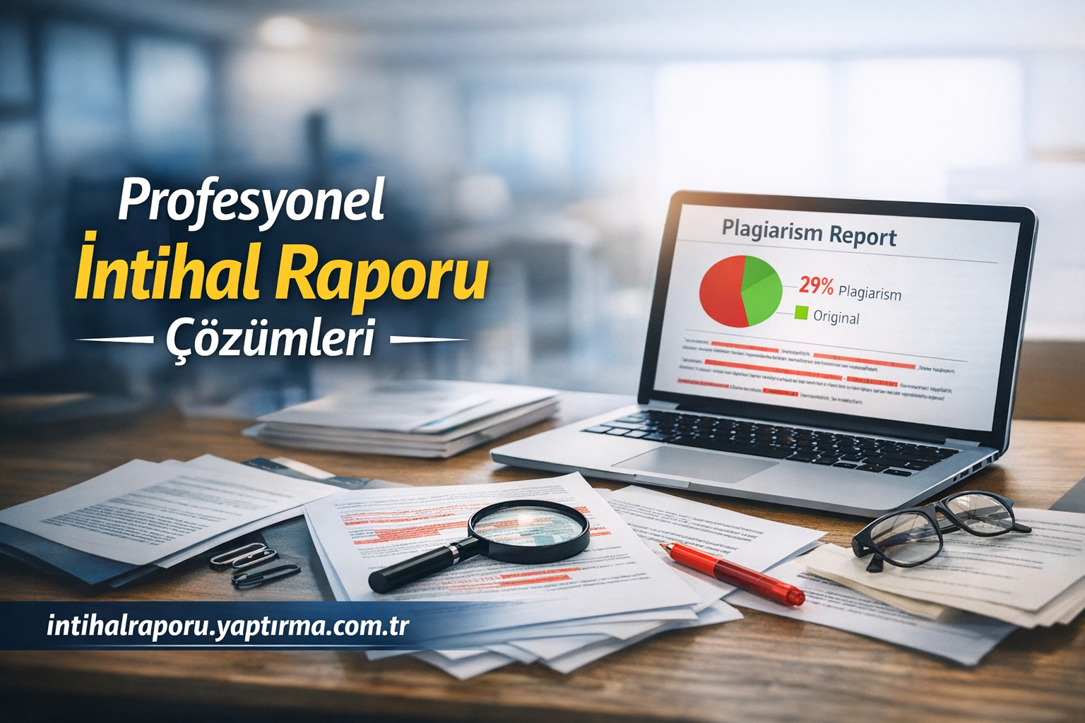 Laptop displays a plagiarism report with a pie chart; Turkish ad for professional plagiarism report solutions on a desk with scattered papers and glasses