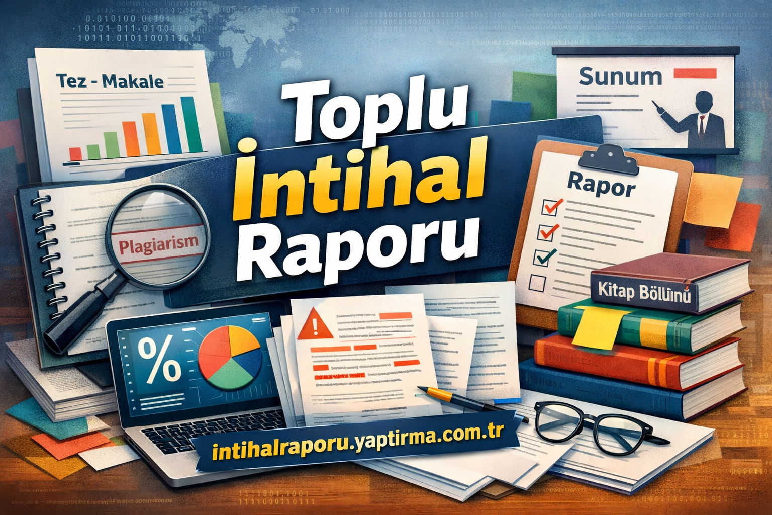 Toplu İntihal Raporu başlıklı afiş ve masa üzerinde raporlar, grafikler ile kitaplar görünüyor.
