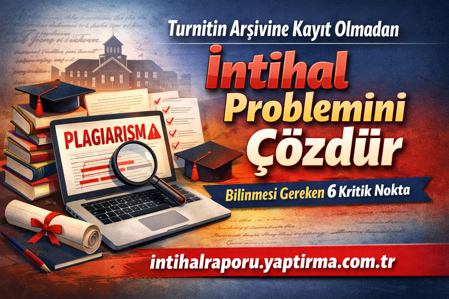 Turnitin Arşivine Kayıt Olmadan İntihal Problemini Çözdür - Turnitin Raporu İstiyorum Turkish poster about solving plagiarism: a laptop showing 'PLAGIARISM' with a magnifying glass, graduate caps, diplomas, and a stack of books, plus bold text and a website at the bottom.