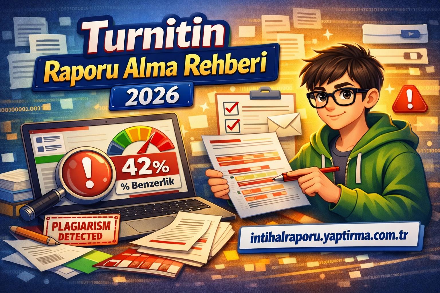 Turnitin Raporu Alma Rehberi 2026 başlığıyla, 42% benzerlikli bir rapor ve 'Plagiarism Detected' uyarısı bulunan öğrenci temalı çizim.