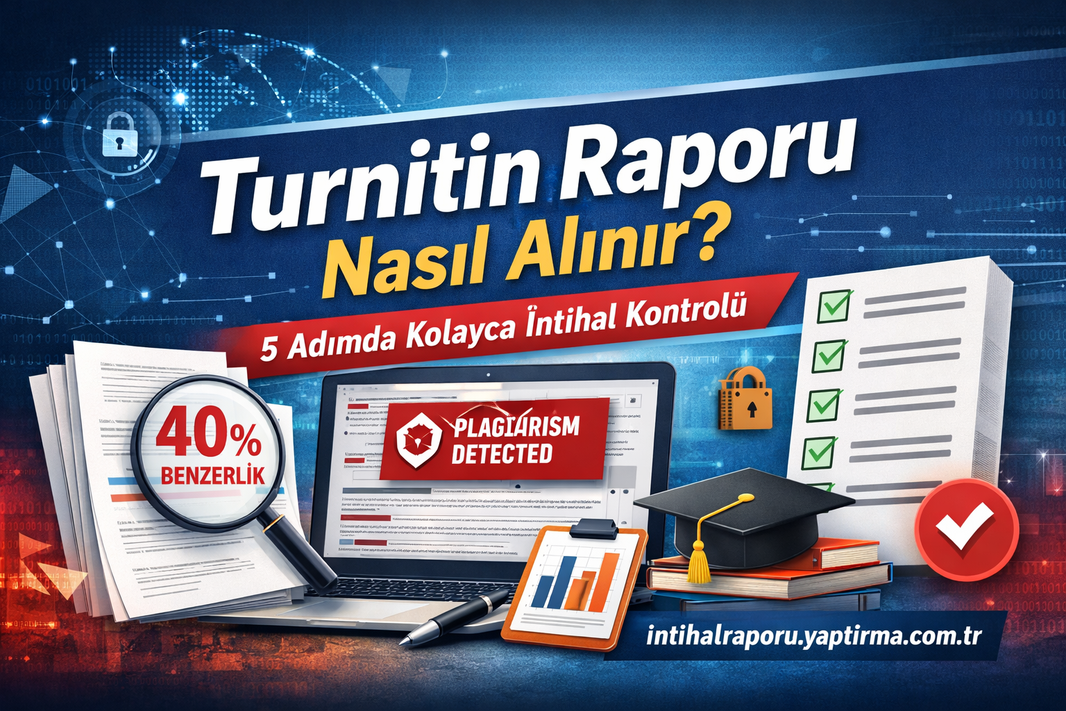 Turkish educational banner about obtaining a Turnitin report: 'Nasıl Alınır?' with '5 Adımda Kolayca İntihal Kontrolü' headline and a laptop on a techy blue background.