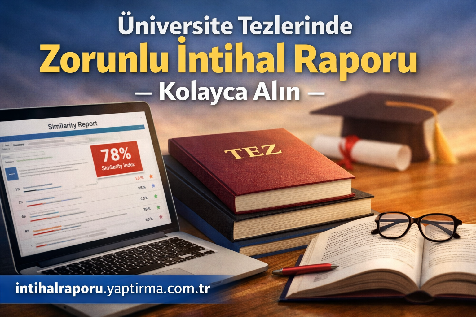 Üniversite tezlerinde zorunlu intihal raporu hizmetini tanıtan afiş; laptopta yüzde 78’lik benzerlik raporu, tez kitapları ve açık bir kitapla çalışmayı gösteriyor.