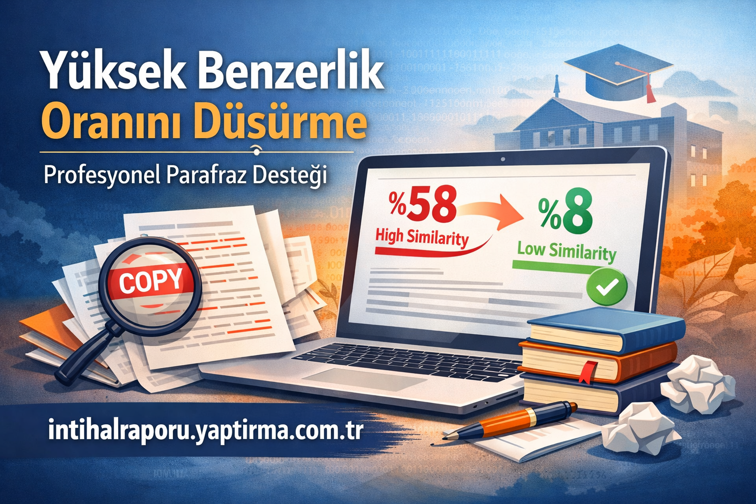 Turkish ad banner about reducing high similarity in plagiarism; laptop shows 58% high similarity and 8% low similarity with papers and books nearby.