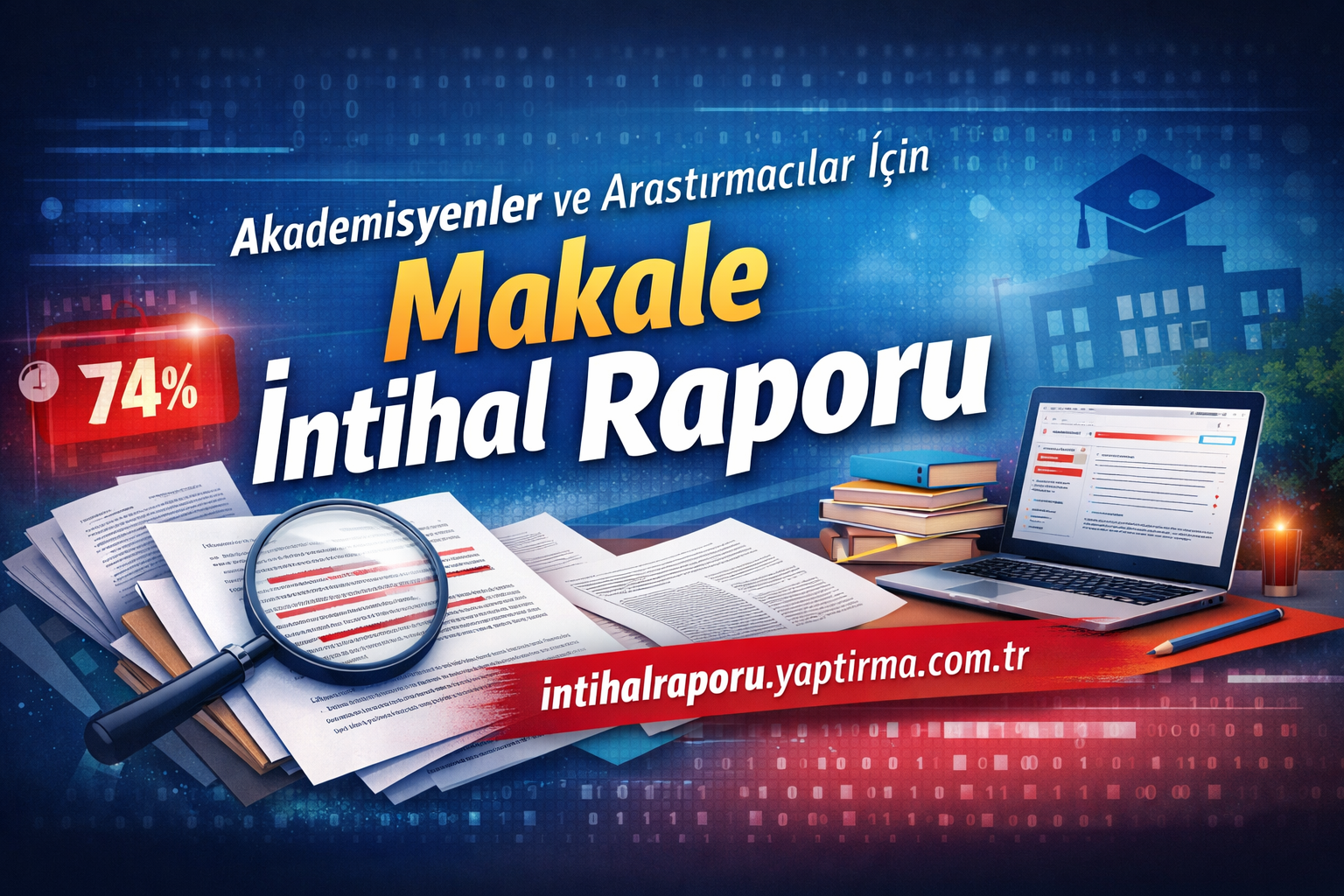Afiş: Akademisyenler ve Araştırmacılar İçin Makale İntihal Raporu, 74% gösteren kırmızı sayaç ile masa üstündeki evraklar ve laptop.