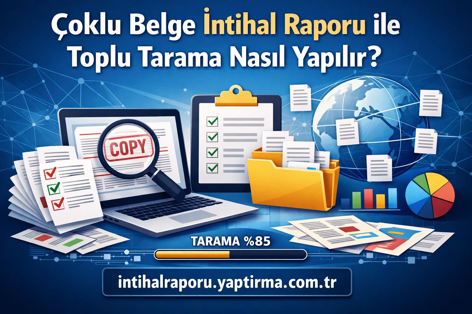 Çoklu belge tarama konusunu öğreten, laptop, dosya klasörleri ve dünya haritası içeren bilgi veren afiş.