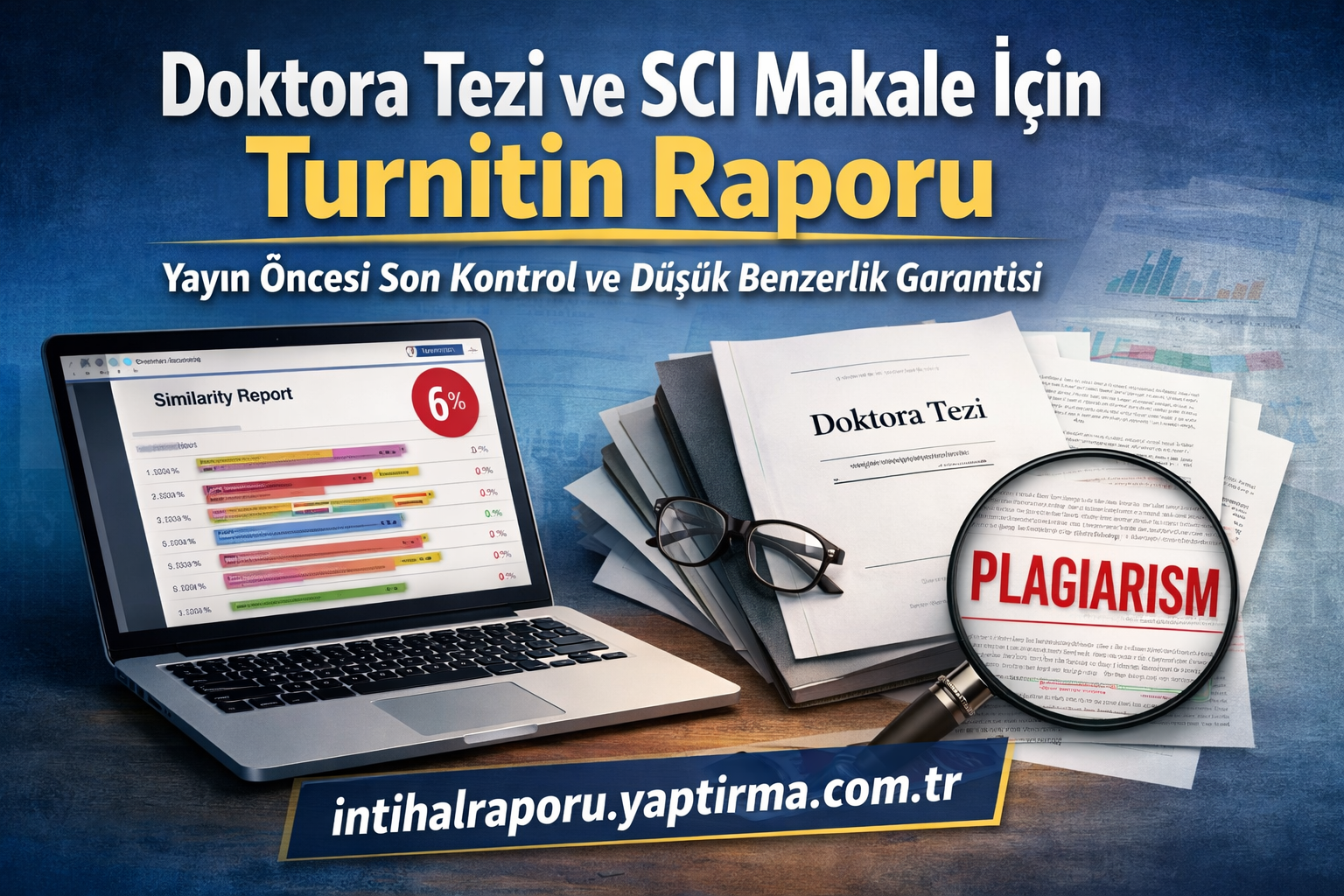 Laptop showing a Turnitin similarity report beside a pile of Doktora Tezi papers and a magnifying glass over 'PLAGIARISM'.