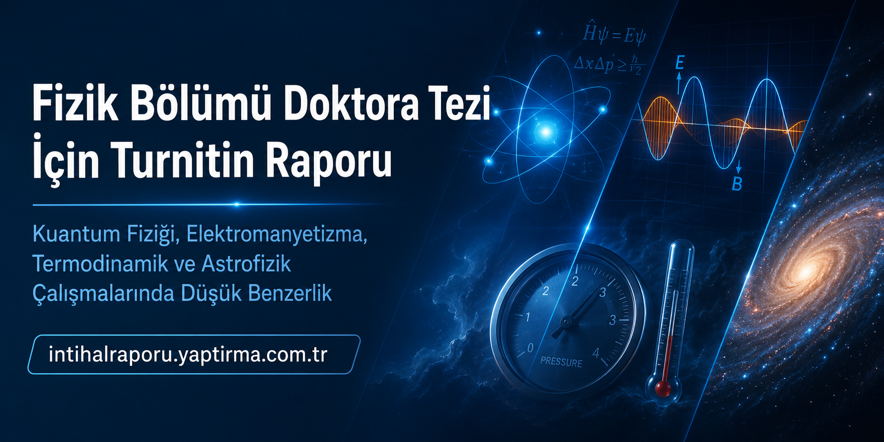 Turkish banner announcing a Turnitin report for Physics Department PhD thesis, with science graphics and the URL intihalraporu.yaptirma.com.tr
