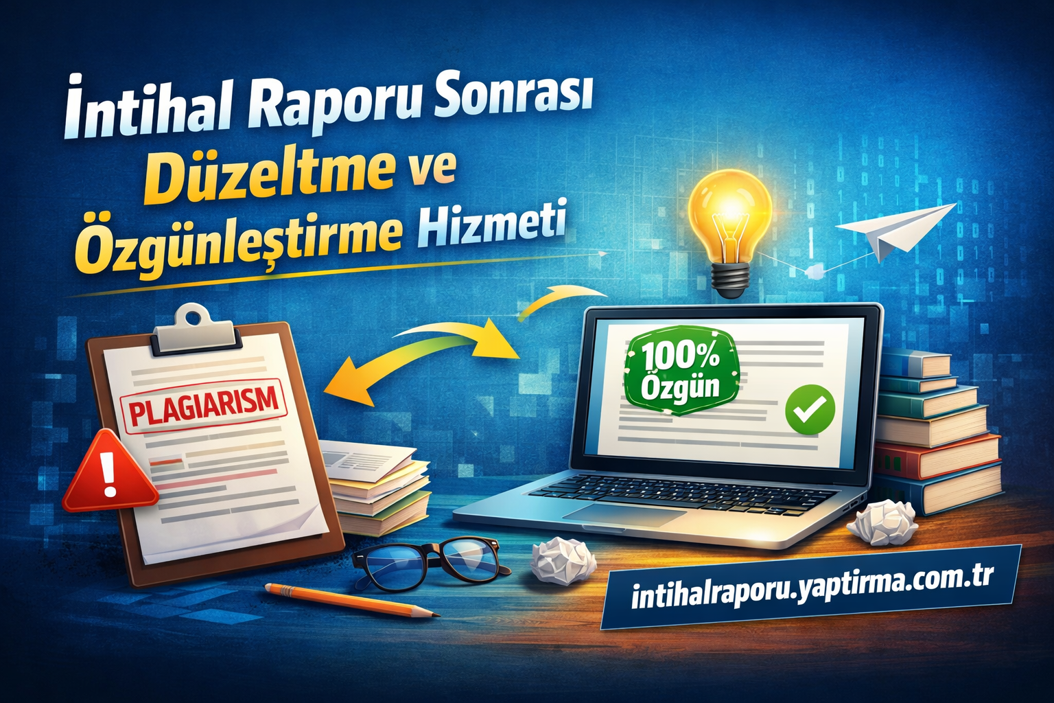 Turkish advert for post-plagiarism report correction service; laptop shows '100% Özgün', clipboard labeled 'PLAGIARISM', and stacks of books on a desk.