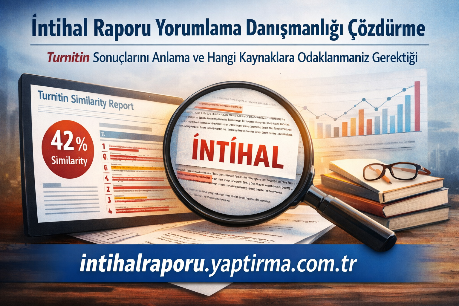 İntihal Raporu Yorumlama Danışmanlığı Çözdürme - Turnitin Raporu İstiyorum Banner about plagiarism report interpretation; magnifying glass highlights 'İNTİHAL' over a Turnitin Similarity Report showing 42% similarity and charts, with glasses and books nearby; URL intihalraporu.yaptirma.com.tr