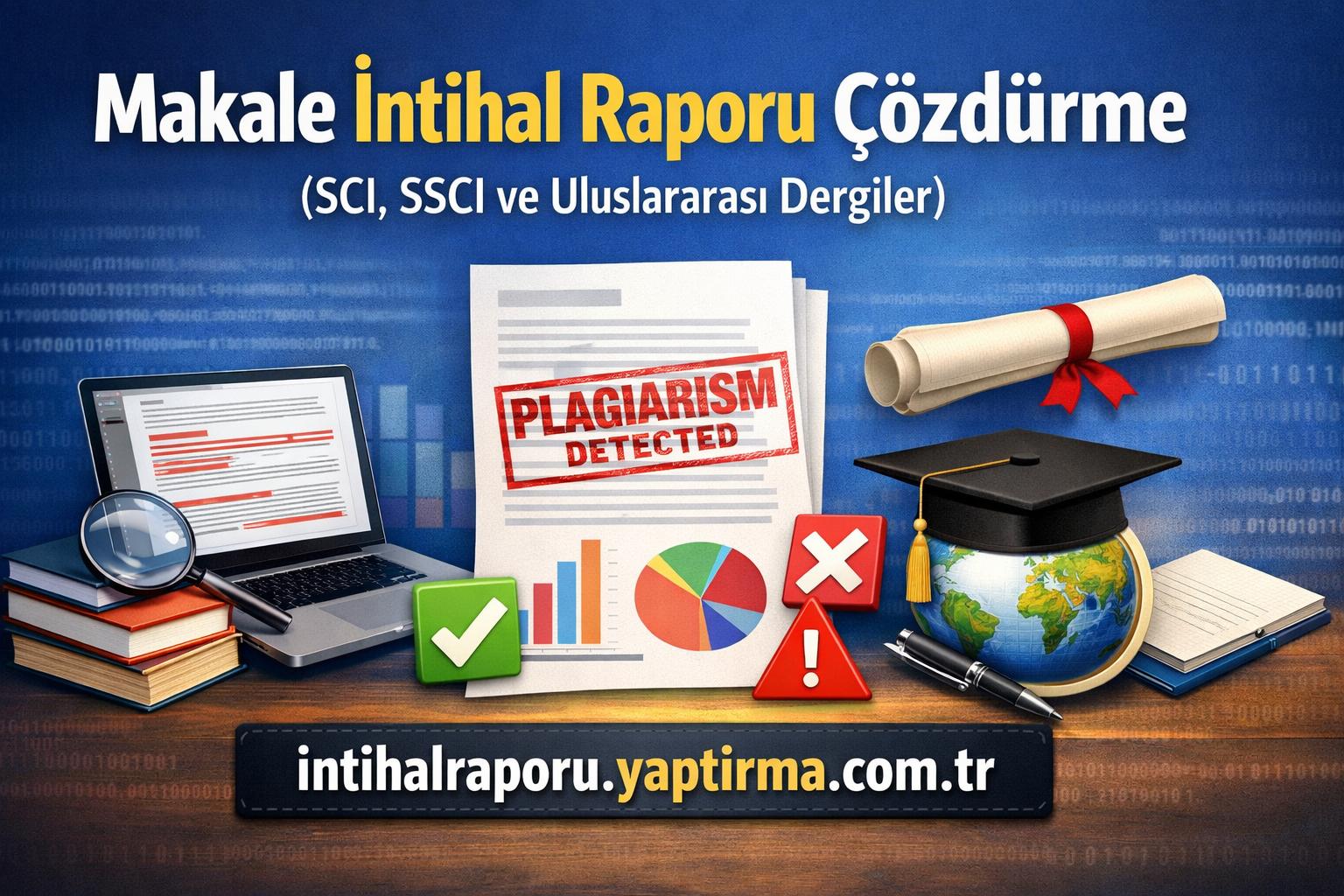 Blue promotional banner about solving plagiarism reports, with a large 'PLAGIARISM DETECTED' stamp, laptop, diploma, globe, and the URL intihalraporu.yaptirma.com.tr.