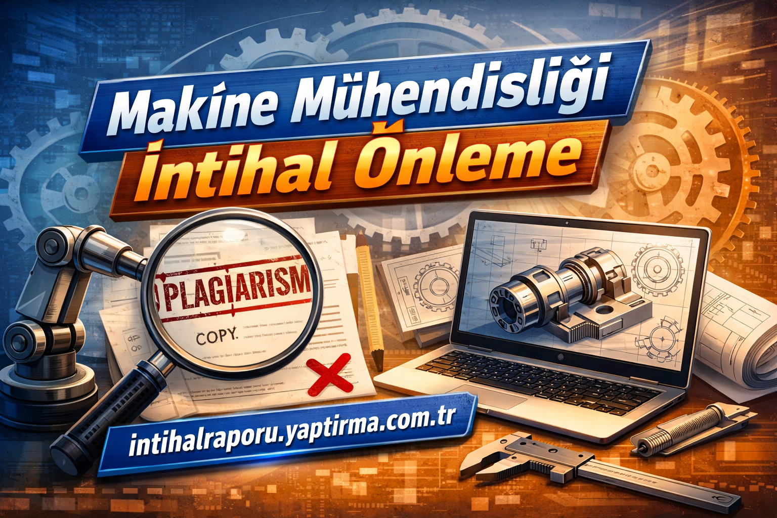 Banner; 'Makine Mühendisliği Intihal Önleme' with gears, a magnifying glass over a document stamped 'PLAGIARISM'.