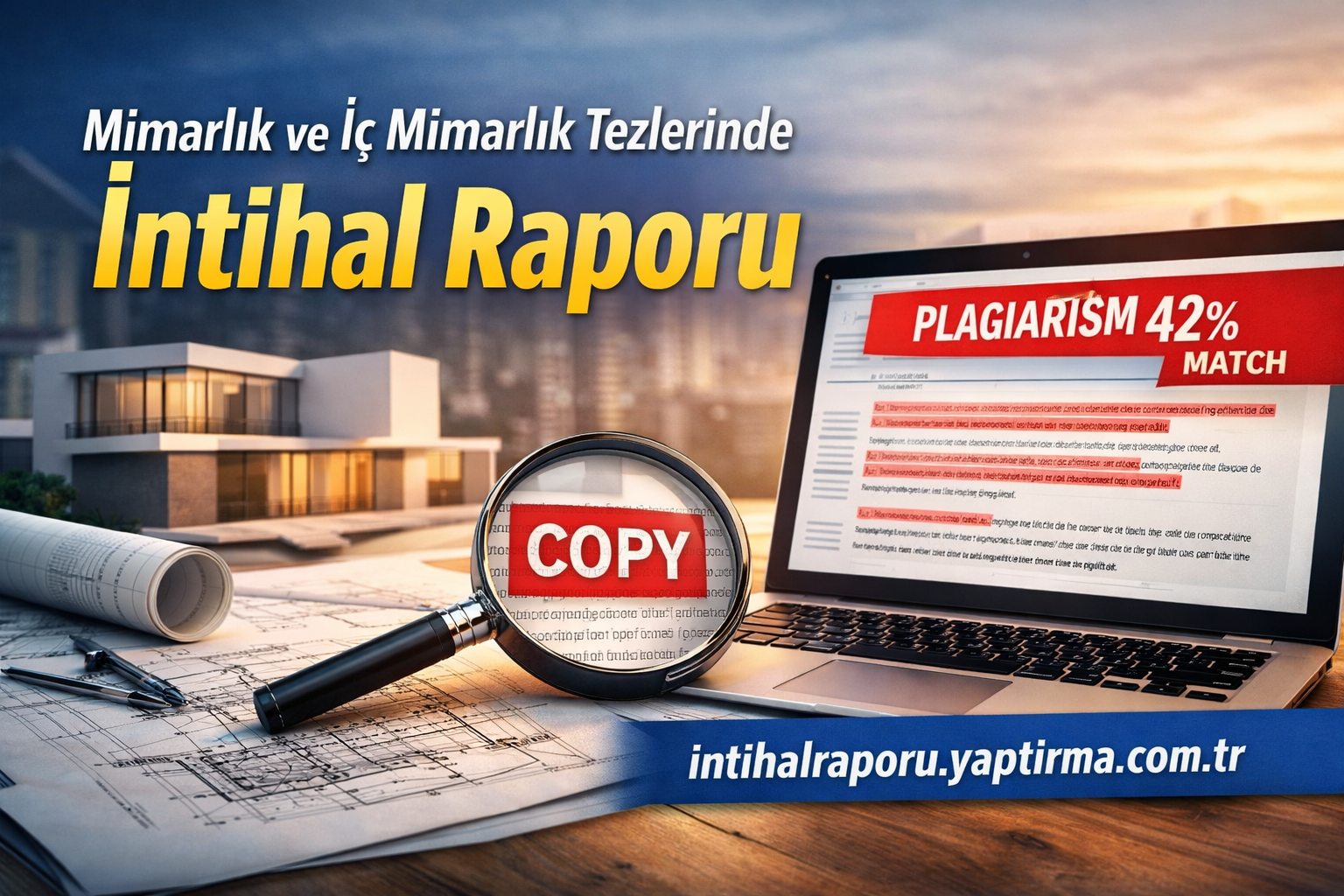 Promotional banner for architecture thesis plagiarism report, magnifying glass over the word COPY and a laptop showing 'PLAGIARISM 42% MATCH'