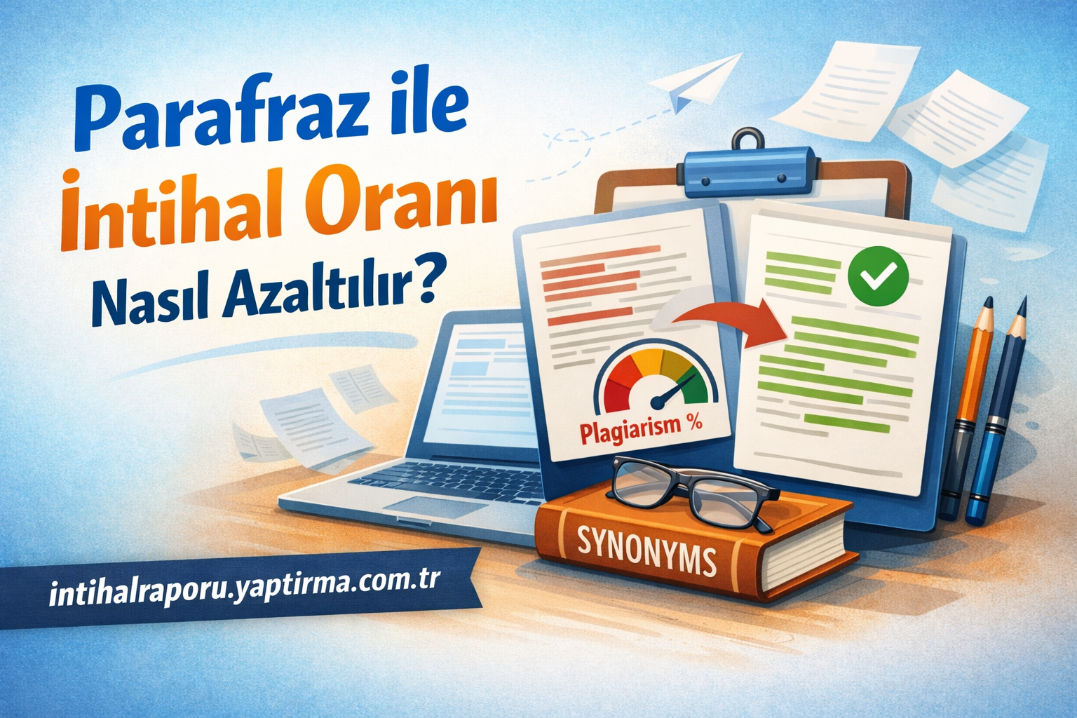 Parafraz ile intihal oranını nasıl azaltılır? başlığıyla laptop, kağıtlar ve kitaplarla eğitim görseli.