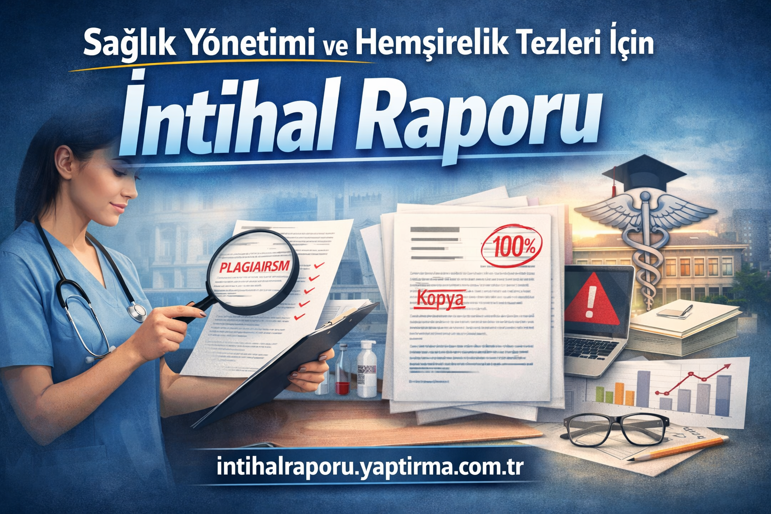 Turkish poster: a nurse/doctor examines documents with a magnifying glass, including a 'PLAGIARISM' stamp and 'COPY' marks under the 'Intihal Raporu' title