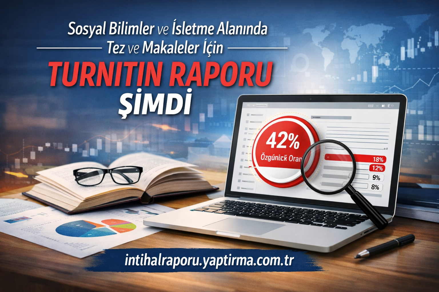 Turnitin Raporu şimdi: tez ve makaleler için intihal kontrollerinin tanıtımı. (Laptopla grafikler arka planda)