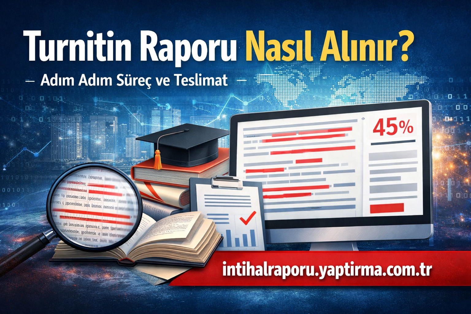 Turnitin Raporu Nasıl Alınır Adım Adım Süreç ve Teslimat - Turnitin Raporu İstiyorum Turkish banner: 'Turnitin Raporu Nasıl Alınır?' with a computer screen, graduation cap, books and magnifying glass promoting a step-by-step guide.