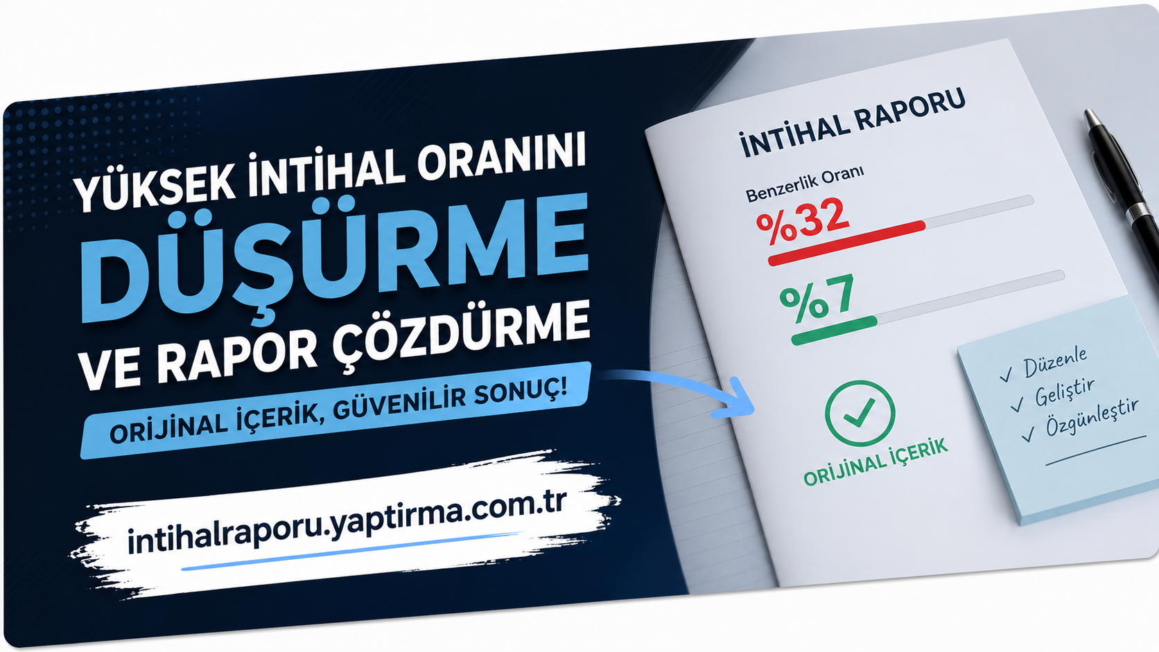 Turkish ad banner about reducing and solving reports, with bold 'DÜŞÜRME' headline and an 'ORİJİNAL İÇERİK' stamp on a report preview.