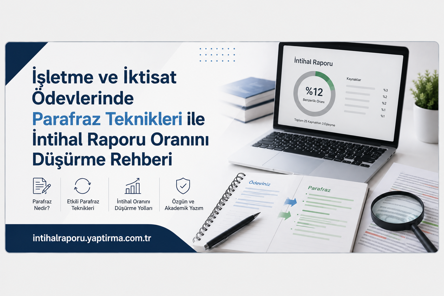 Turkish promotional banner about paraphrase techniques to reduce plagiarism; laptop with a report and charts, notebook, and magnifying glass on desk.