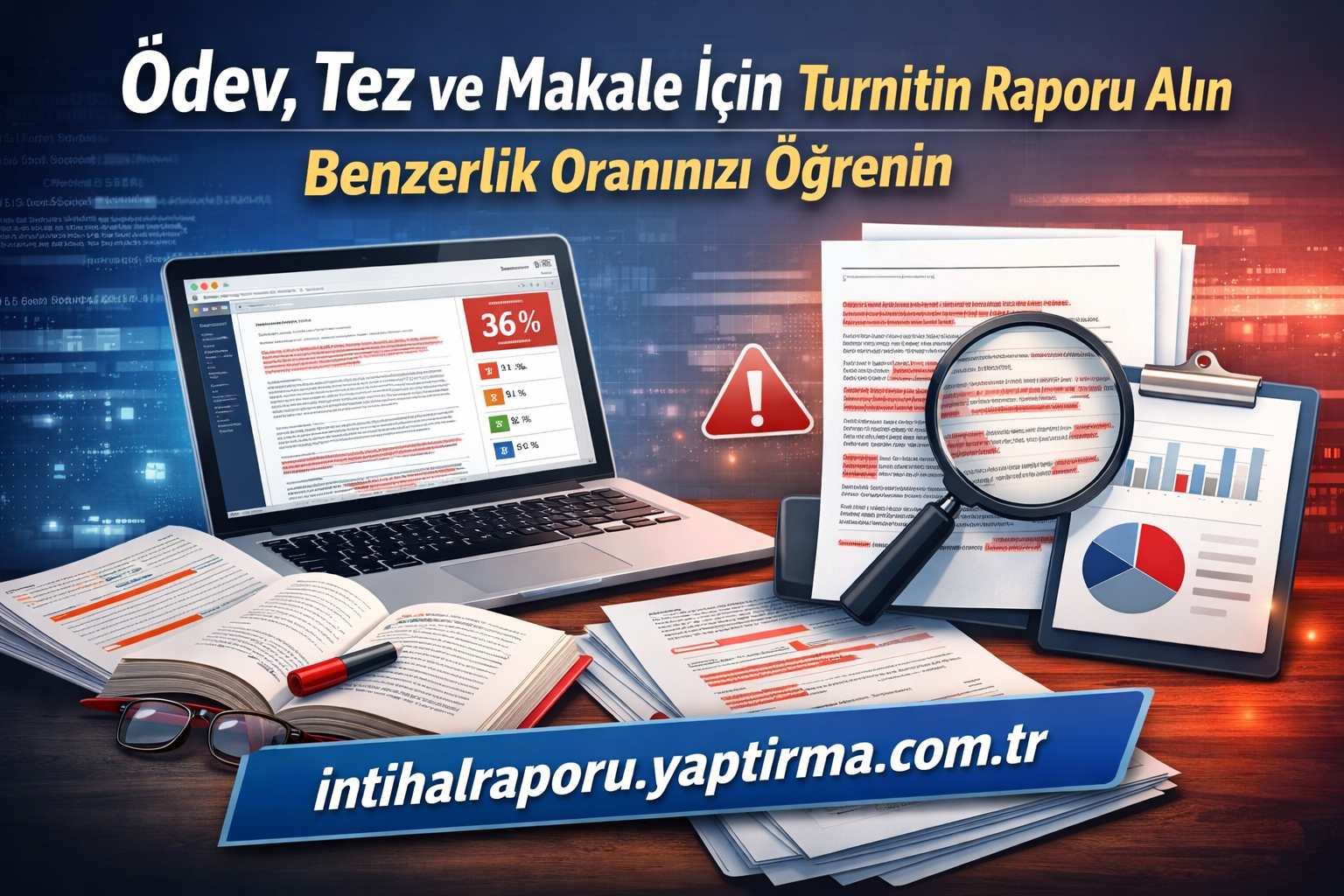Turkish promotional image showing a laptop, documents, and a magnifying glass advertising Turnitin similarity reports for essays and theses; site URL intihalraporu.yaptirmca.com.tr written at bottom
