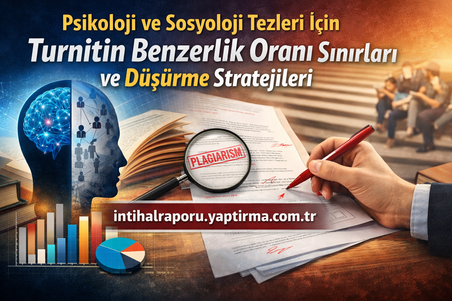 Turkish educational banner: psychology and sociology theses; brain graphic, plagiarism stamp on documents, hand signing papers.