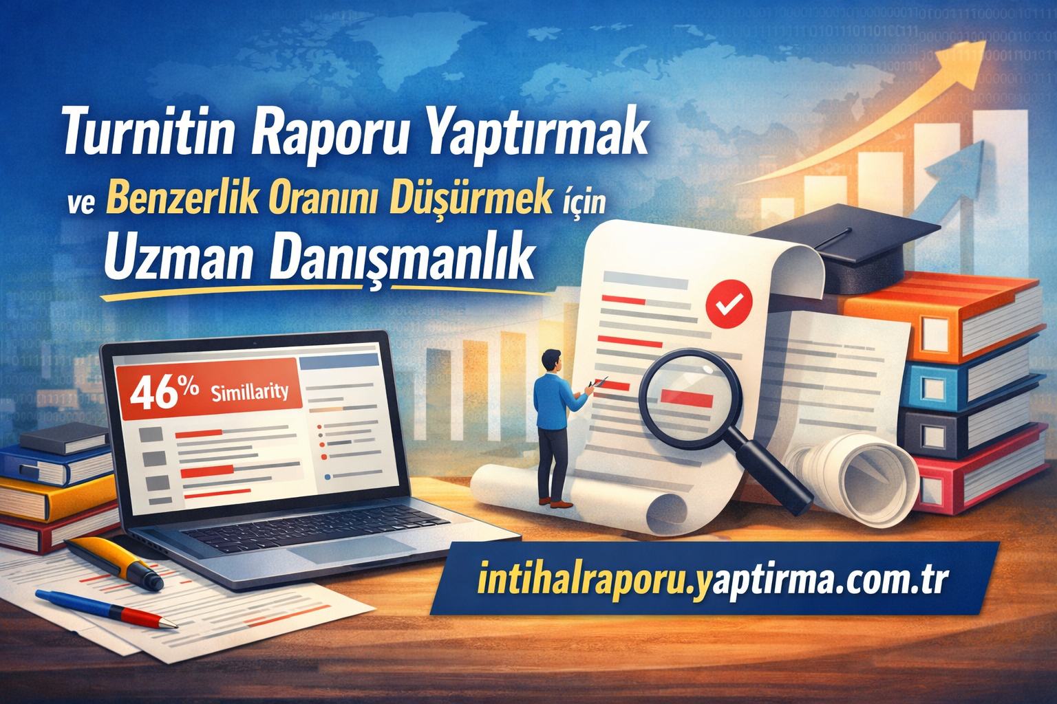 Turkish educational consultancy banner showing a laptop with '46% Similarity', documents, magnifying glass, graduation cap, and a stack of books signaling report analysis and tutoring services.