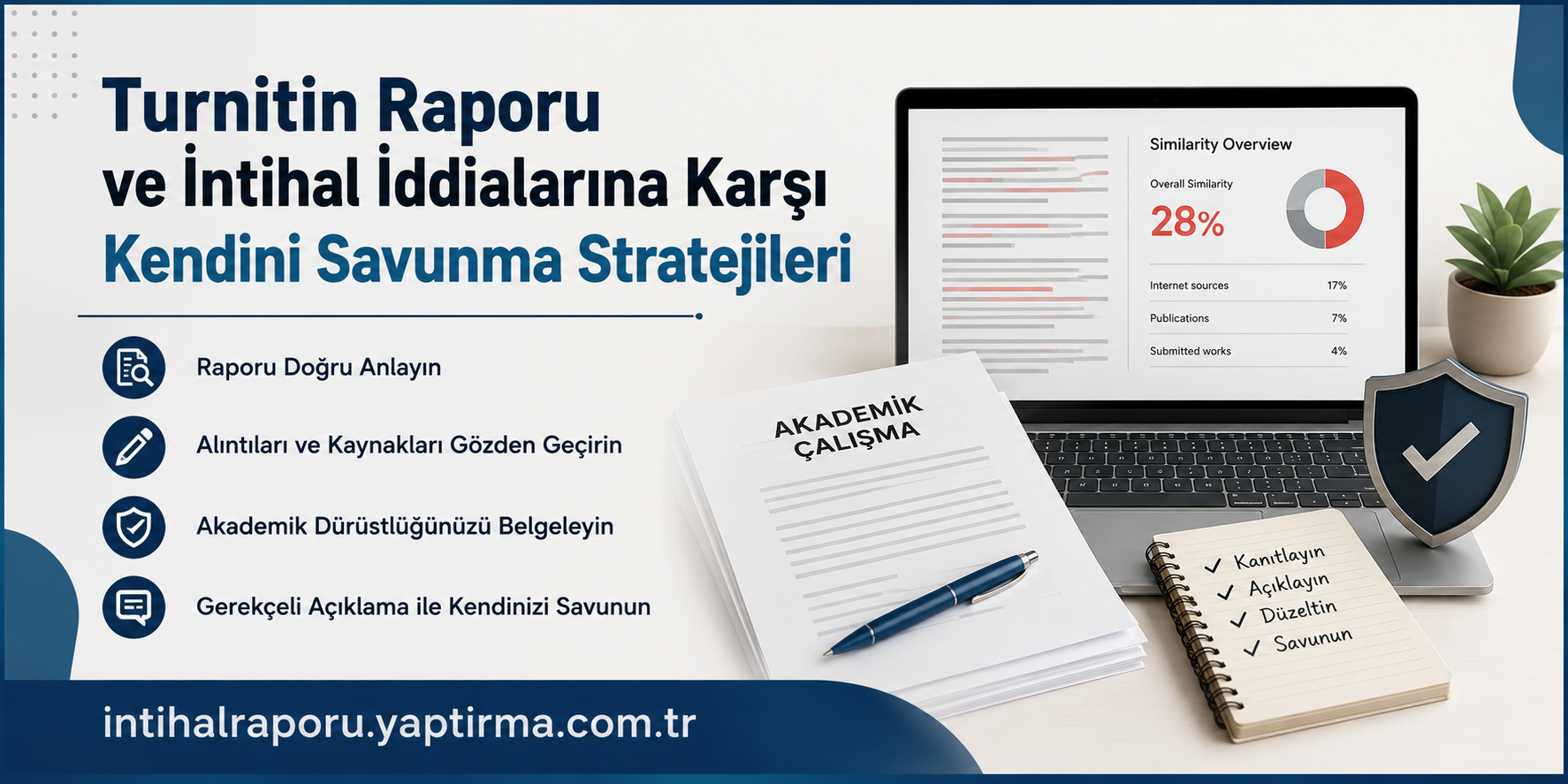 Turnitin raporu ve intihal iddialarına karşı savunma stratejilerini tanıtan reklam bannerı; laptop ekranında benzerlik yüzdesiyle birlikte not defteri ve kalkan görünüyorlar.