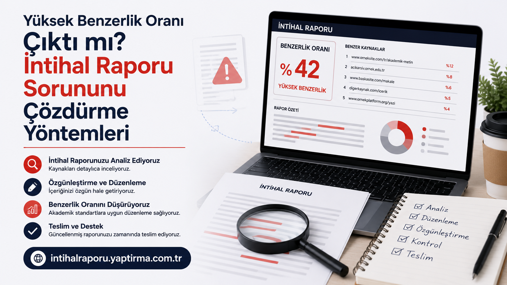 Turkish promotional banner about solving plagiarism report issues, showing a laptop with a report and a checklist on the left.