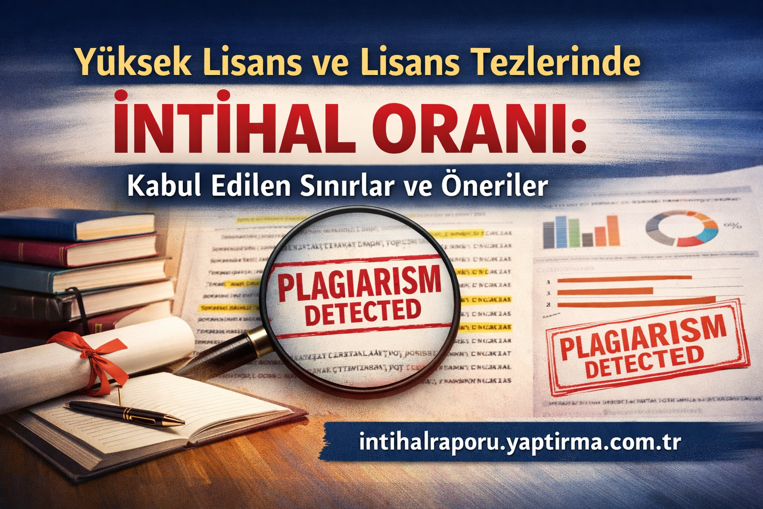 Yüksek Lisans ve Lisans - Turnitin Raporu İstiyorum Magnifying glass over a document with a large 'PLAGIARISM DETECTED' stamp; law/academic papers, books, and a diploma surrounding it — conveys plagiarism detection in higher education materials.