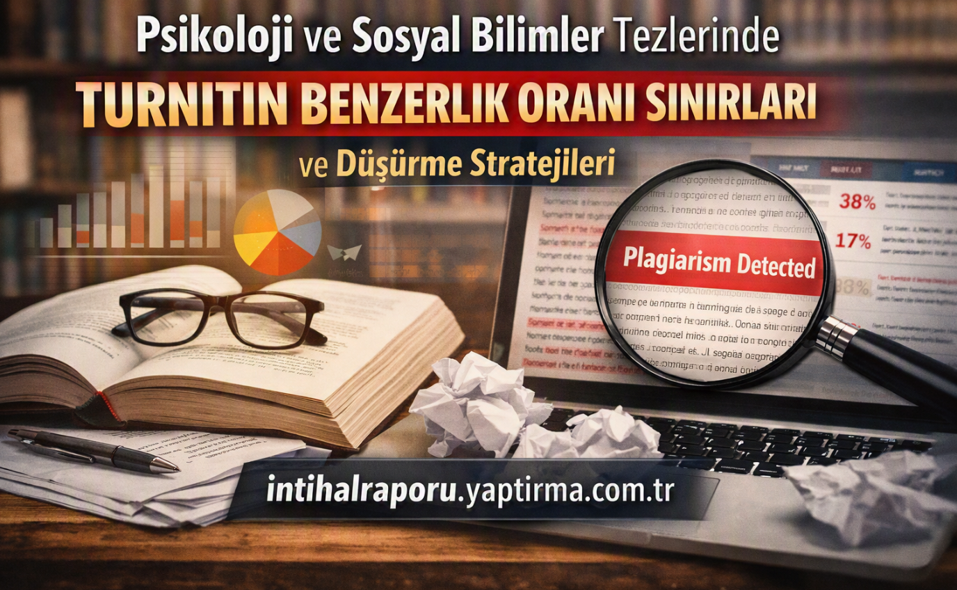 Open book with glasses, crumpled papers and a laptop; magnifying glass over a screen reading 'Plagiarism Detected'.