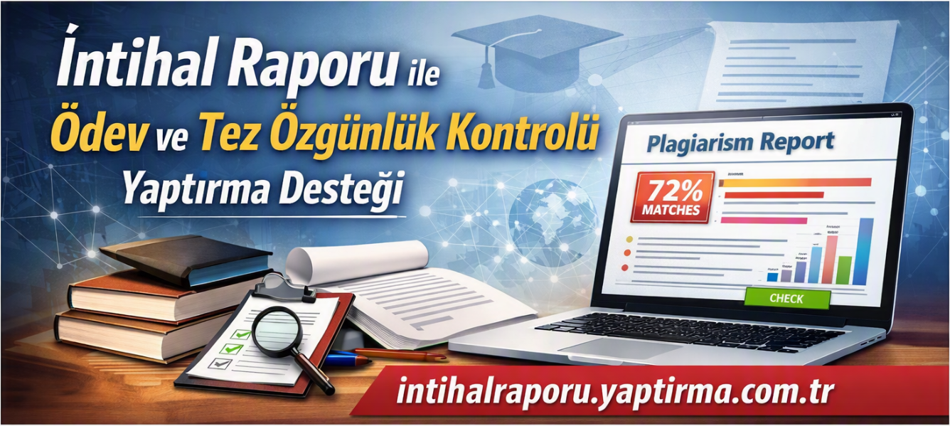 Turkish: İntihal raporu ve ödev/tez özgünlük kontrolü için destek görseli, laptopta 'Plagiarism Report' ve yüzde 72 eşleşme göstergesiyle birlikte kitaplar ve kontrol listesiyle.