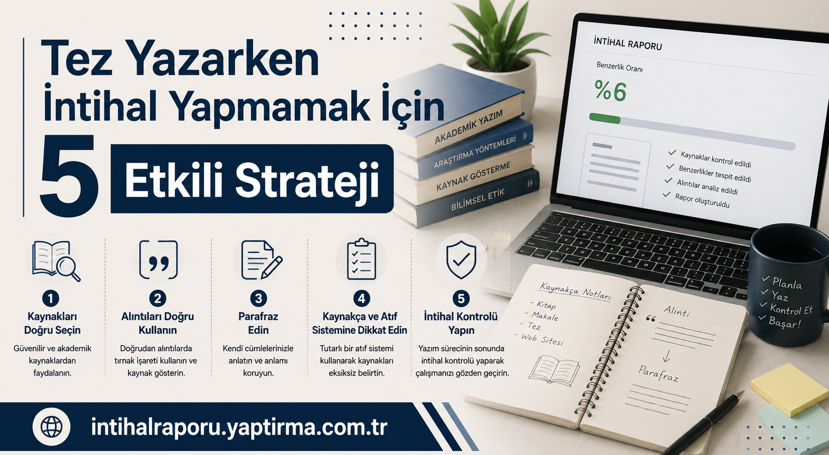 Tez Yazarken İntihal - Turnitin Raporu İstiyorum Infografik: Tez yazarken intihalden kaçınmak için 5 etkili strateji ve adımlar görünüyor, kitaplar ve dijital araçlar arka planda.