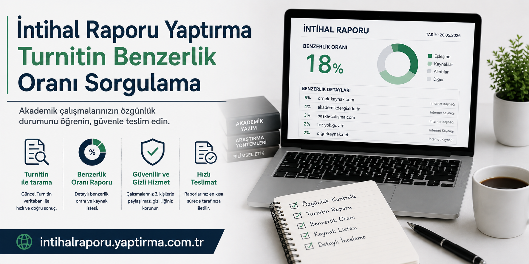 İnternational Turkish ad: laptop ekranında benzerlik oranı ve detaylar, not defteri ve kahveyle çalışma masası.